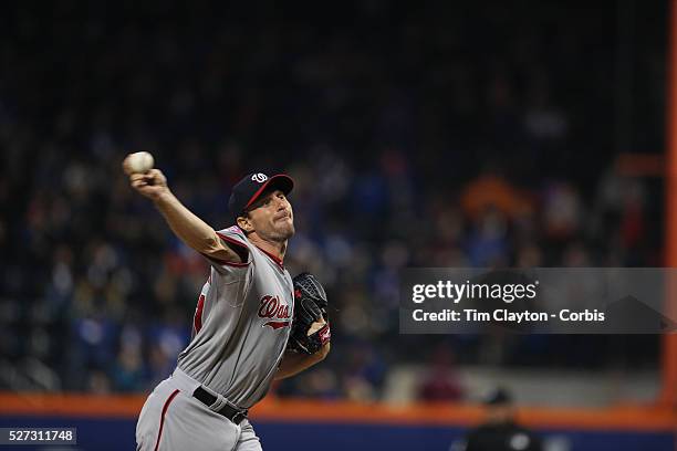 Pitcher Max Scherzer, Washington Nationals, pitching during the New York Mets Vs Washington Nationals MLB regular season baseball game at Citi Field,...