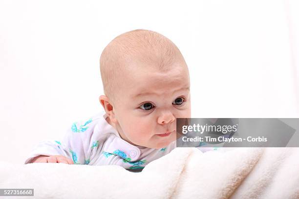 Studio portrait shot of a three month old baby girl. Photo Tim Clayton