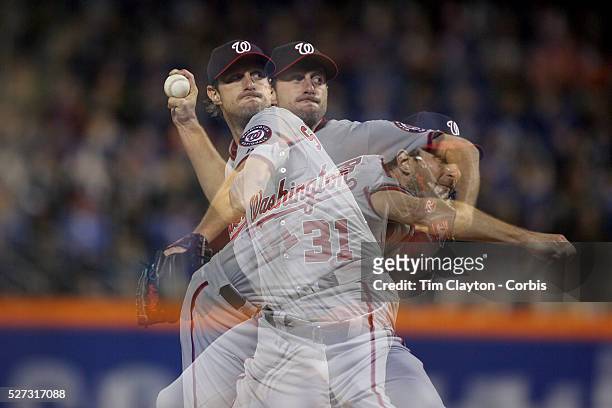 Multiple exposure of pitcher Max Scherzer, Washington Nationals, pitching during the New York Mets Vs Washington Nationals MLB regular season...