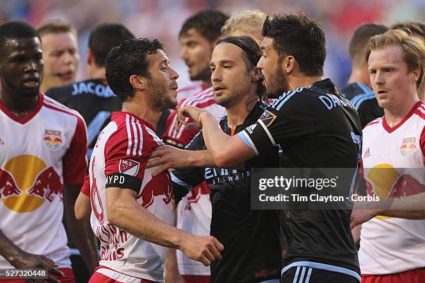 David Villa, , NYCFC, argues with Felipe Martins, New York Red Bulls during the New York Red Bulls Vs NYCFC, MLS regular season match at Red Bull...