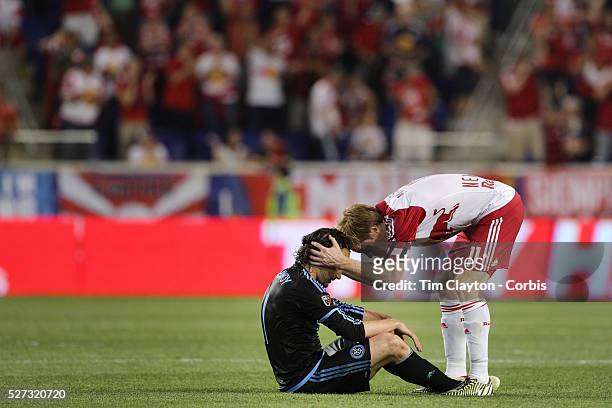Touching moment at the end of the game as Dax McCarty, , New York Red Bulls, consoles his opposite number Ned Grabavoy after the New York Red Bulls...