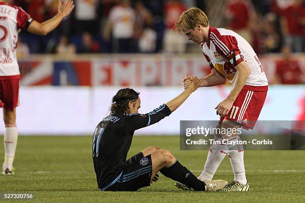 Touching moment at the end of the game as Dax McCarty, , New York Red Bulls, consoles his opposite number Ned Grabavoy after the New York Red Bulls...