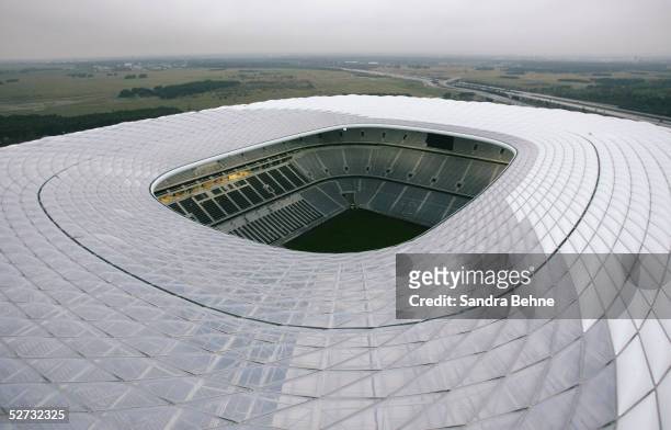 General view of the unfinished Allianz Arena football stadium on April 18, 2005 in Munich, Germany. The Allianz Arena will be the future home stadium...