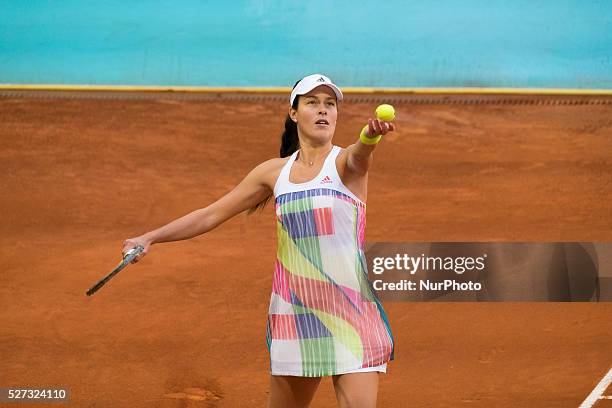 Ana Ivanovic of Serbia in action against Louisa Chirico during match of day three of the Mutua Madrid Open tennis tournament at the Caja Magica on...