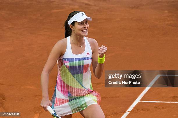 Ana Ivanovic of Serbia in action against Louisa Chirico during match of day three of the Mutua Madrid Open tennis tournament at the Caja Magica on...