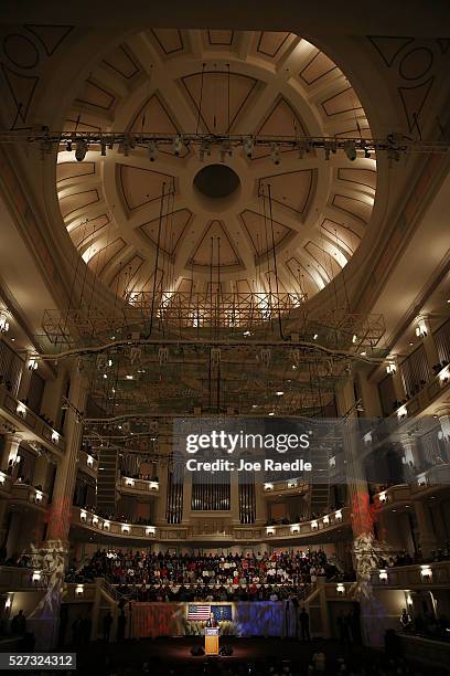 Republican presidential candidate Donald Trump speaks during a campaign stop at the Palladium at the Center for the Performing Arts on May 2, 2016 in...