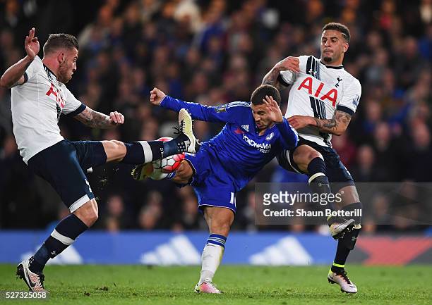Eden Hazard of Chelsea battles for the ball with Toby Alderweireld and Kyle Walker of Tottenham Hotspur during the Barclays Premier League match...