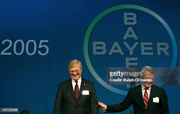 Werner Wenning , CEO of German chemical industry giant Bayer AG and the head of the supervisory board Manfred Schneider attend the annual...