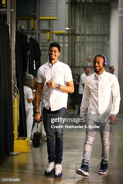 Jeremy Lamb and Kemba Walker of the Charlotte Hornets arrives for the game against the Miami Heat in Game Seven of the Eastern Conference...