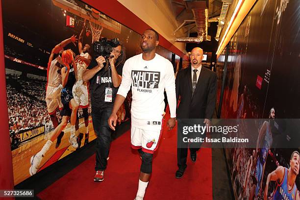 Dwyane Wade of the Miami Heat goes towards the locker room after Game Seven of the Eastern Conference Quarterfinals against the Charlotte Hornets...