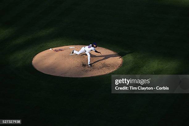 Jacob deGrom, New York Mets, pitching in the late afternoon sunlight during the New York Mets Vs Boston Red Sox MLB regular season baseball game at...