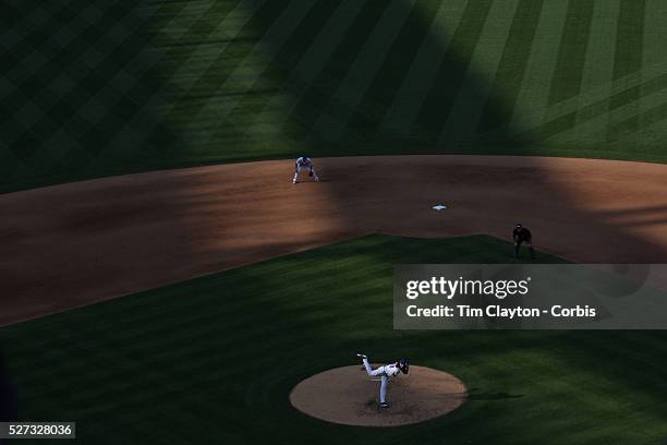 Jacob deGrom, New York Mets, pitching in the late afternoon sunlight during the New York Mets Vs Boston Red Sox MLB regular season baseball game at...