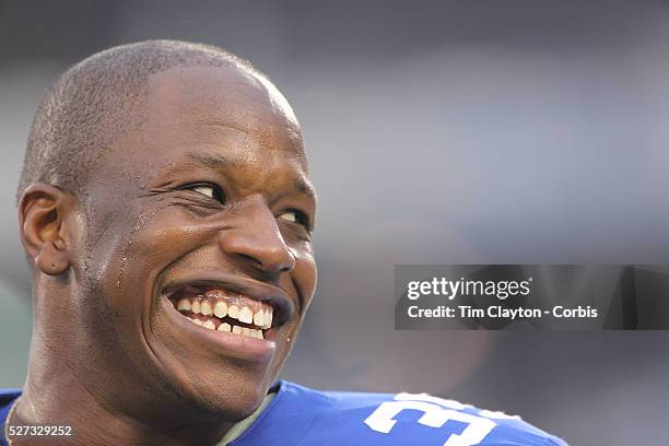 Andre Brown, the New York Giants running back during warm up before the New York Giants Vs Green Bay Packers, NFL American Football match at MetLife...