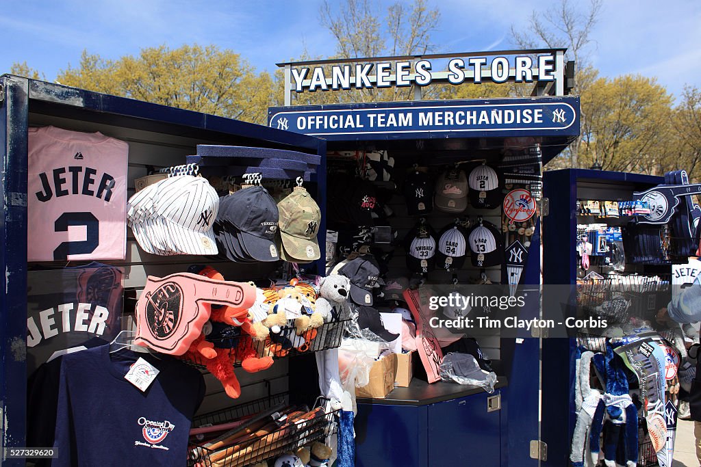 Official team merchandise on sale at the Yankee Store outside the