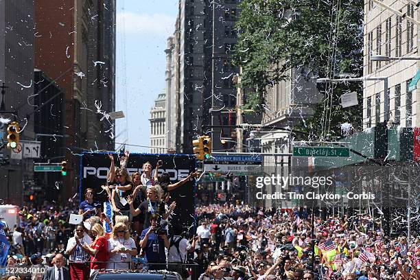 The US Women's Soccer Team float containing Abby Wambach, Christy Rampone, Reece and Ryle Rampone, Christen Press, Julie Johnston, Whitney Engen and...