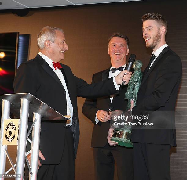 David de Gea of Manchester United is interviewed by host Jim Rosenthal at the club's annual Player of the Year awards at Old Trafford on May 2, 2016...
