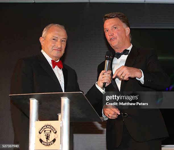 Manager Louis van Gaal of Manchester United is interviewed by host Jim Rosenthal at the club's annual Player of the Year awards at Old Trafford on...