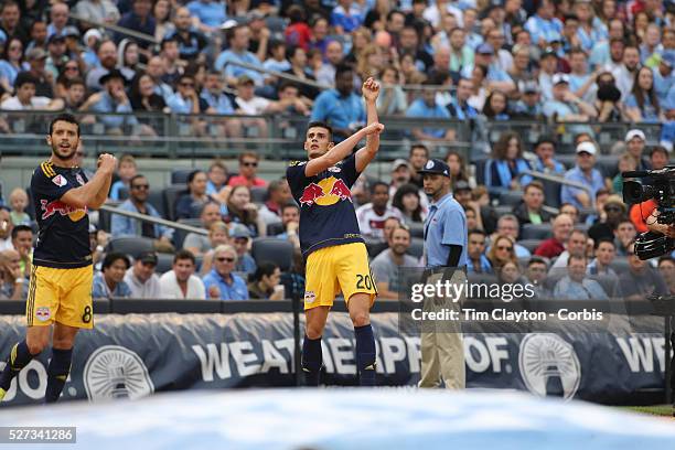 Goal scorer Matt Miazga, , New York Red Bulls, and team mate Felipe ran to the pitching mound at Yankee Stadium to celebrate the goal in baseball...