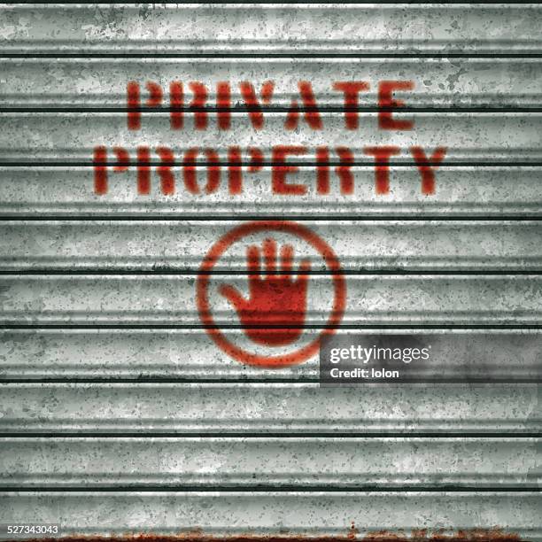 stockillustraties, clipart, cartoons en iconen met weathered garage roll-up sheet door with airbrushed private property text_vector - private property