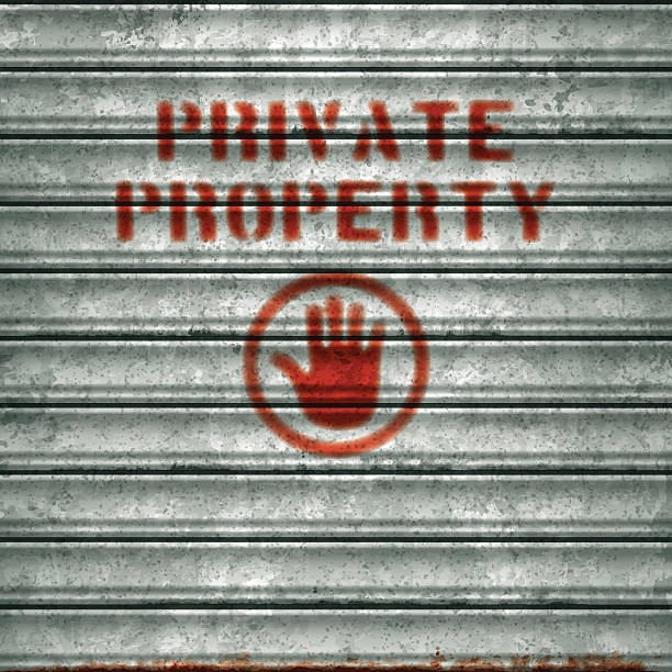 weathered garage roll-up sheet door with airbrushed private property text_vector - scratched steel stock illustrations