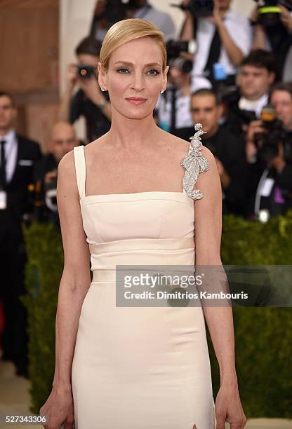 Uma Thurman attends the "Manus x Machina: Fashion In An Age Of Technology" Costume Institute Gala at Metropolitan Museum of Art on May 2, 2016 in New...