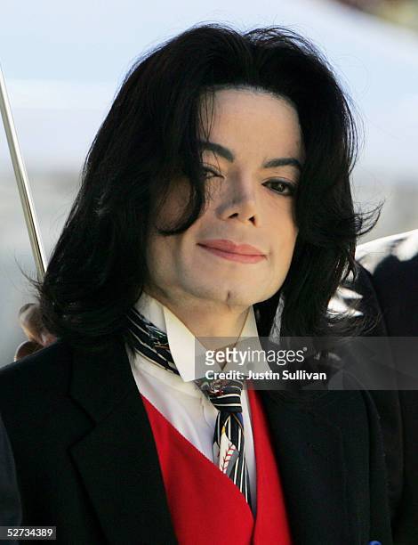 Michael Jackson arrives at the Santa Barbara County courthouse April 29, 2005 in Santa Maria, California. Jackson is charged in a 10-count indictment...
