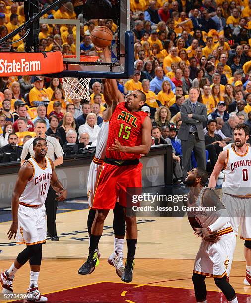 Al Horford of the Atlanta Hawks dunks the ball against the Cleveland Cavilers during the Eastern Conference Semifinals Game One on May 2, 2016 at The...