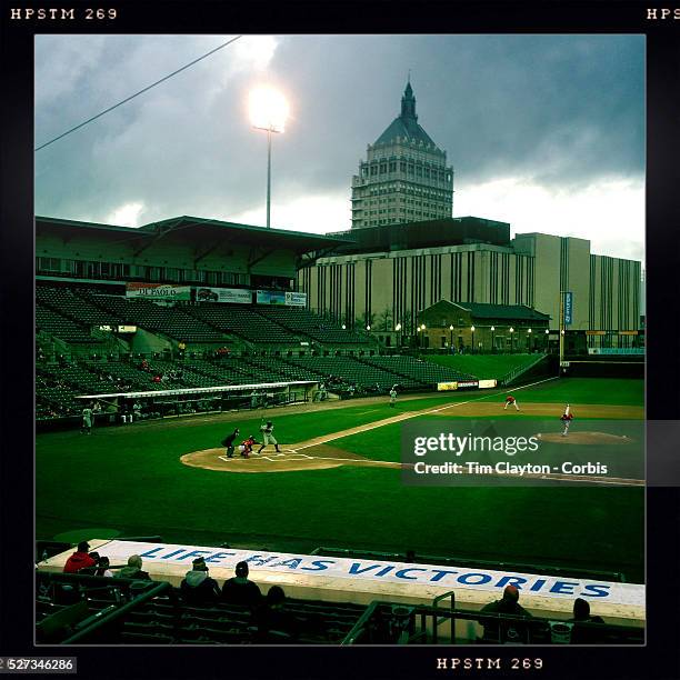 An Hipstamatic photograph taken with an iPhone of Frontier Field showing the Kodak building in the background during the Rochester Red Wings V The...