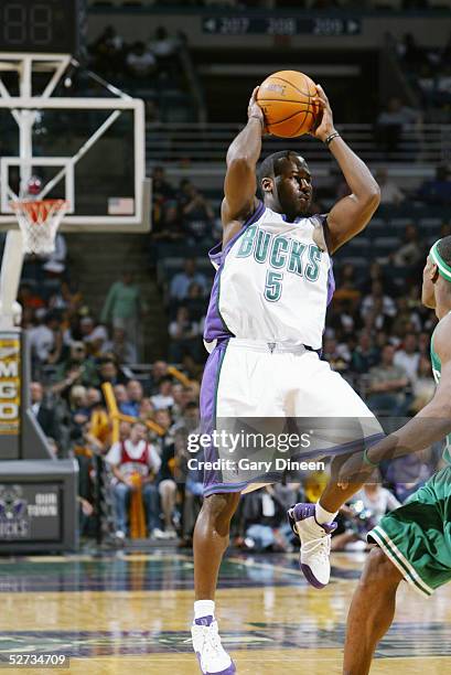 Anthony Goldwire of the Milwaukee Bucks attempts to pass the ball against the Boston Celtics during the game on April 13, 2005 at the Bradley Center...