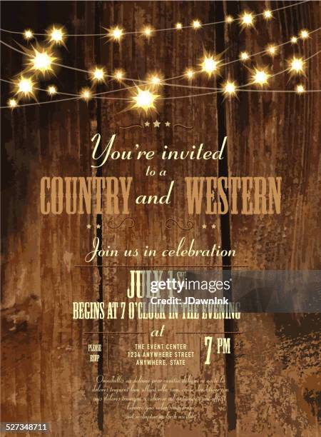 stockillustraties, clipart, cartoons en iconen met country and western invitation design template with string lights - countrymuziek