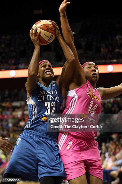 Rebekkah Brunson, , Minnesota Lynx, shoots over Kelsey Bone, Connecticut Sun, during the Connecticut Sun Vs Minnesota Lynx, WNBA regular season game...