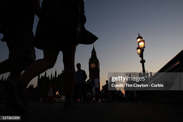 Sunset behind Big Ben and the Houses of parliament. Big Ben is to chime non-stop for three minutes to help ring in the London 2012 Olympics. Special...