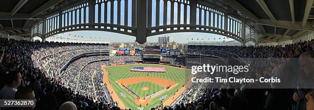 Panoramic view of the opening ceremony during the New York Yankees Vs Toronto Blue Jays season opening day at Yankee Stadium, The Bronx, New York....