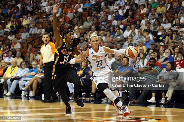 Katie Douglas, , Connecticut Sun, drives past Roneeka Hodges, Tulsa Shock, during the Connecticut Sun Vs Tulsa Shock WNBA regular season game at...