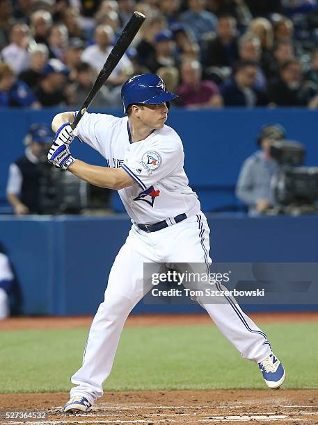 Matt Dominguez of the Toronto Blue Jays bats in the second inning during MLB game action against the Chicago White Sox on April 26, 2016 at Rogers...