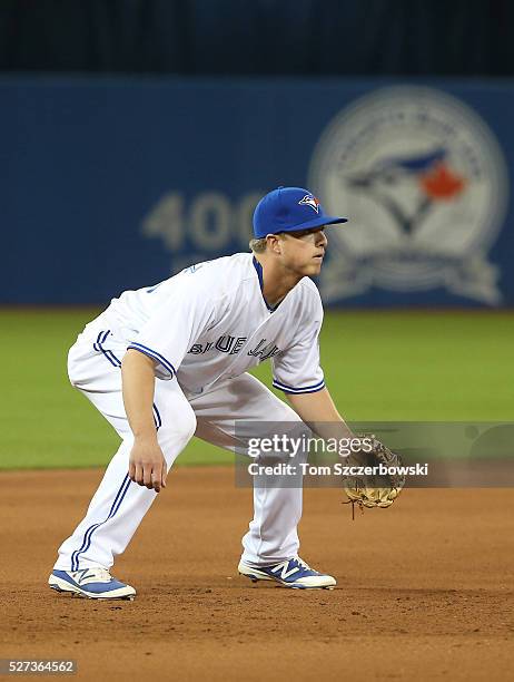 Matt Dominguez of the Toronto Blue Jays prepares to field his position at third base during MLB game action against the Chicago White Sox on April...