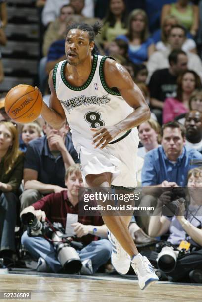 Latrell Sprewell of the Minnesota Timberwolves drives against the Seattle Sonics during the game at Target Center on April 17, 2005 in Minneapolis,...