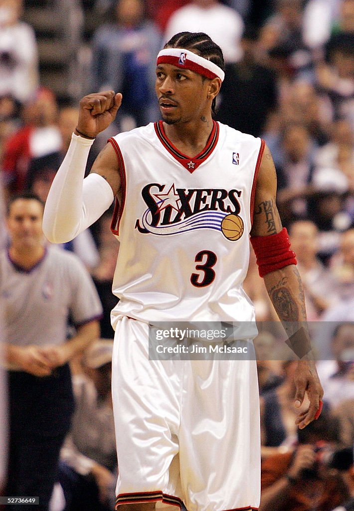 Allen Iverson of the Philadelphia 76ers pumps his fist after