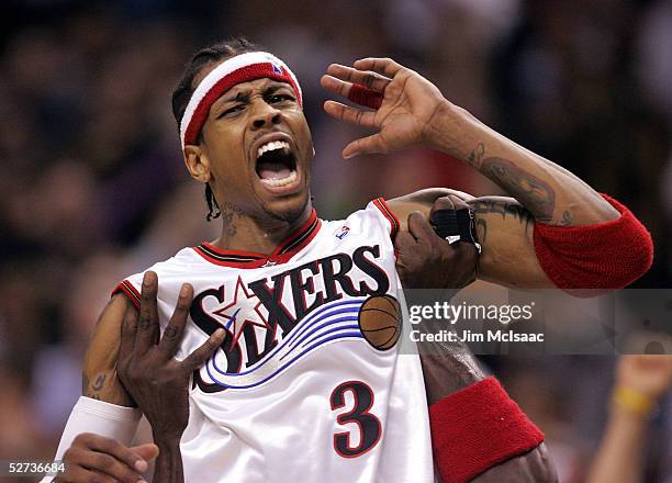 Allen Iverson of the Philadelphia 76ers celebrates after hitting a shot late in the game against the Detroit Pistons in Game three of the Eastern...