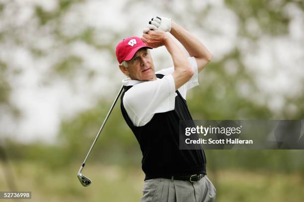 Andy North hits a shot during the second round of the Liberty Mutual Legends of Golf at the Savannah Harbor Golf Resort on April 23, 2005 in...