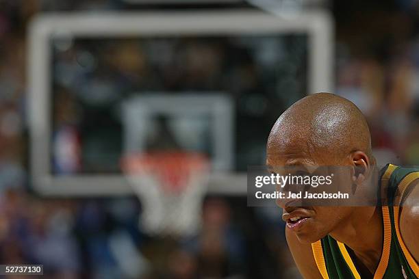 Ray Allen of the Seattle SuperSonics looks on against the Sacramento Kings in Game three of the Western Conference First Round during the 2005 NBA...