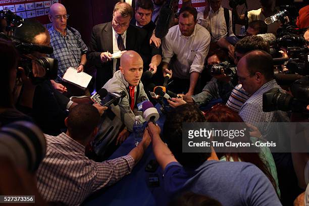 Michael Bradley talking with the media at the US Men's National Team media day at the Marriott Marquis, Times Square, New York, USA. 30th May 2014....