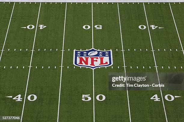 The NFL logo and American Football field markings on the surface of MetLife Stadium during the New York Jets V New England Patriots NFL regular...