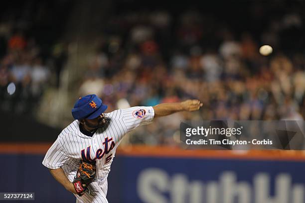 Pitcher Alex Torres, New York Mets, pitching with protective head gear during the New York Mets Vs San Diego Padres MLB regular season baseball game...