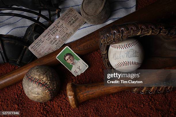 Collage of Antique Vintage Baseball Memorabilia and Collectables including a Babe Ruth signed baseball, used baseballs, wooden baseball bats,...