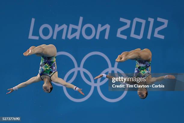 Nora Subschinski and Christin Steuer from Germany, practicing for the Women's Synchronised 10m Platform event at the Diving Pool at the Aquatic...