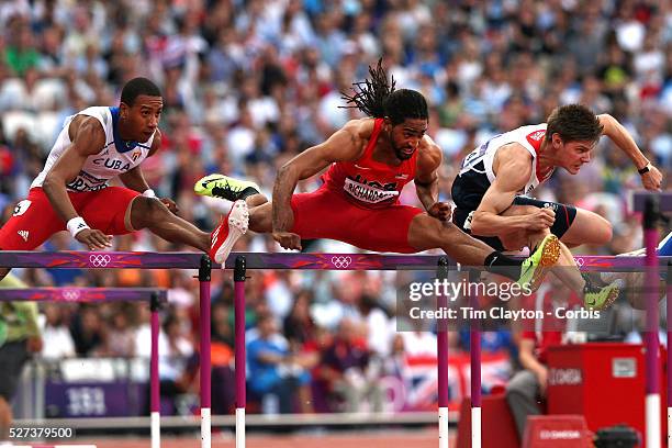 Jason Richardson, USA, and Lawrence Clarke, Great Britain, in the Men's 110m Hurdles Semi Final at the Olympic Stadium, Olympic Park, during the...