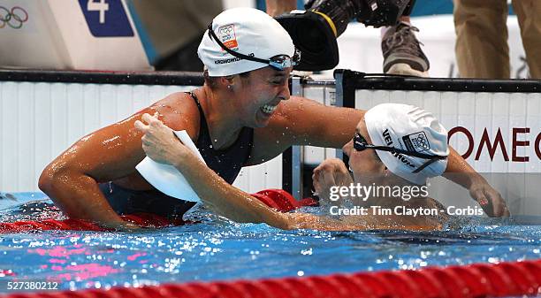 Ranomi Kromowidjojo, The Netherlands, wins the Gold Medal and celebrates with bronze medal winner and team mate Marleen ?Veldhuis, in the Women's 50m...