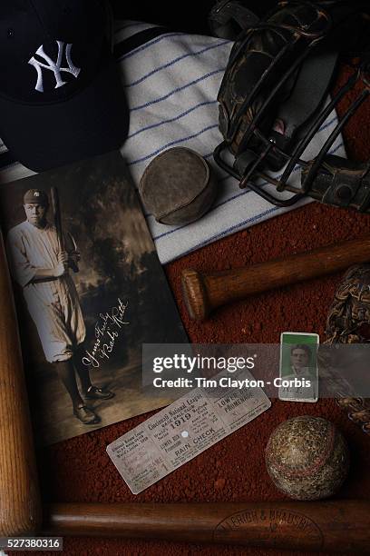 Collage of Antique Vintage Baseball Memorabilia and Collectables including baseballs, wooden baseball bats, hat, catchers mask, used ticket stub,...