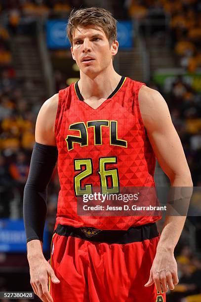 Kyle Korver of the Atlanta Hawks looks on against the Cleveland Cavaliers during the Eastern Conference Semifinals Game One on May 2, 2016 at The...